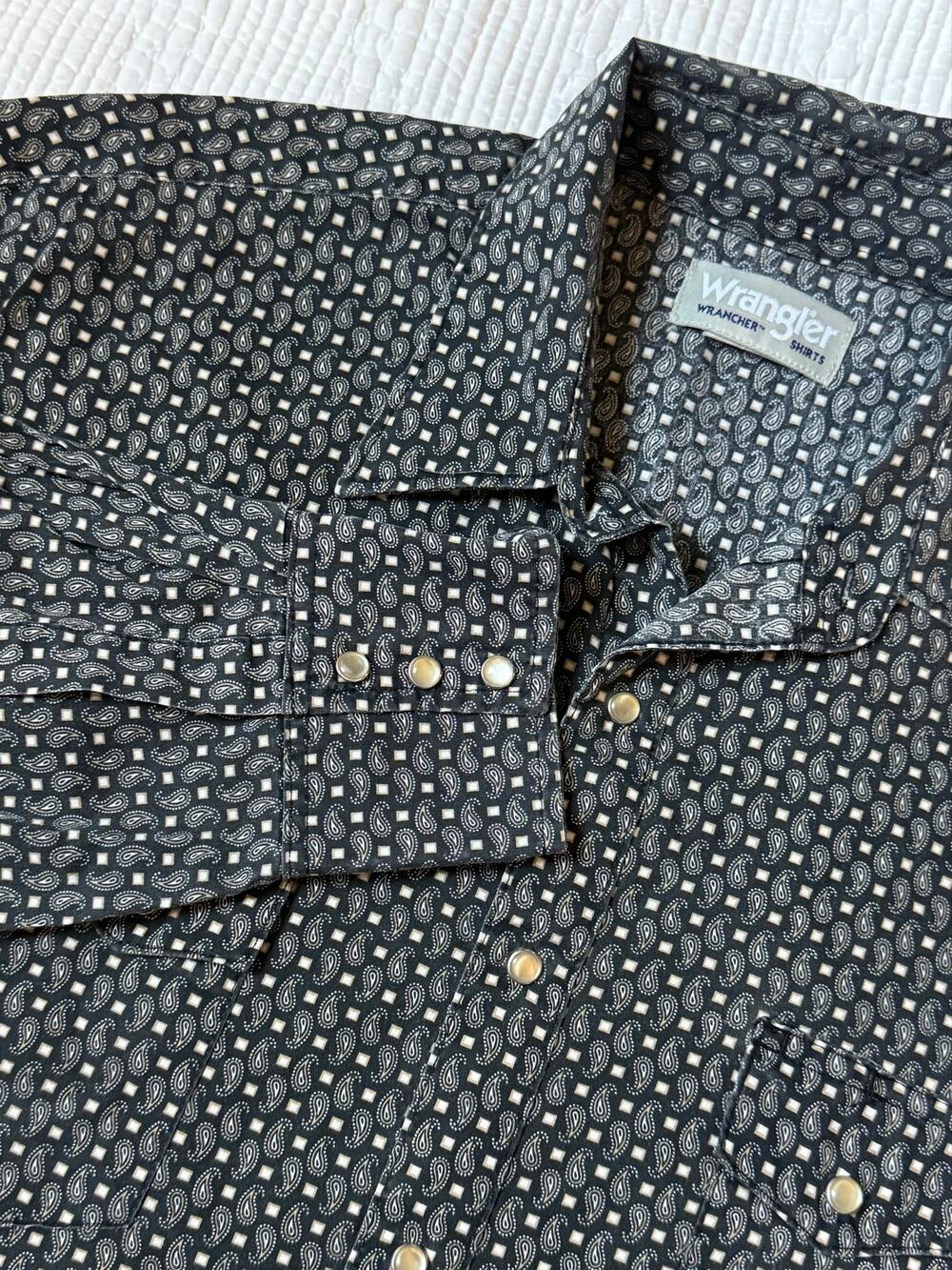 Wrangler Wrancher Mens XLT Black Paisley Pearl Snap Western Shirt Cowboy